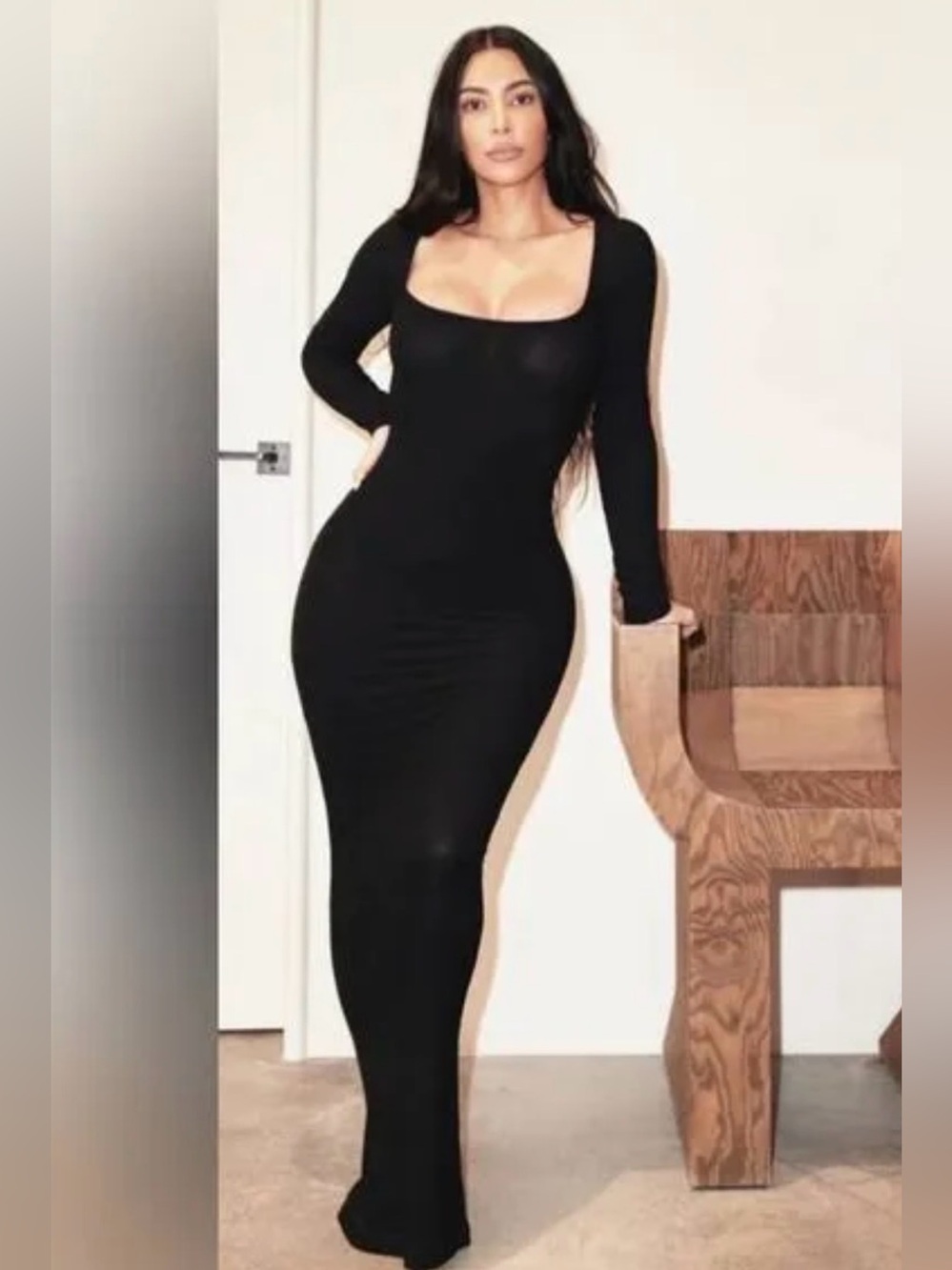 SKIMS Soft Lounge Long Sleeve Maxi Dress L | Black Ribbed | Bodycon | NWT